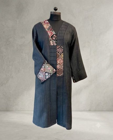 Artisanal Patchwork V-Neck Slub Monto Coat – Charcoal Grey
