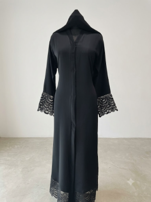 Luxe Scalloped Lace Hem & Cuff Front-Open Abaya