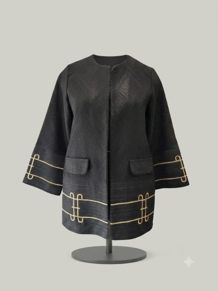 Opulent Gold-Embroidered Textured Jacquard Duster Jacket