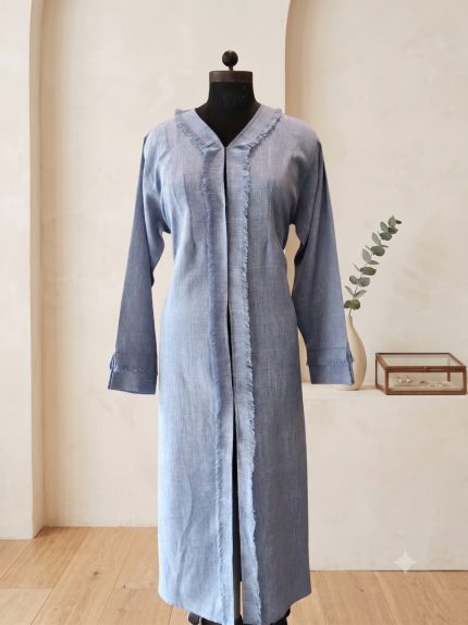 Dusty Blue Fringed Open-Front Linen Abaya Shrug