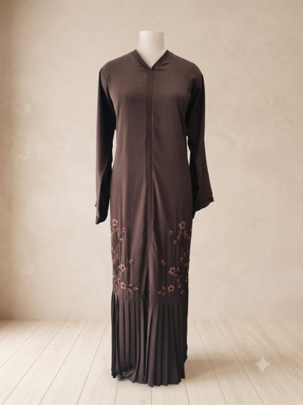 Embroidered Pleated Hem Chocolate Brown Abaya