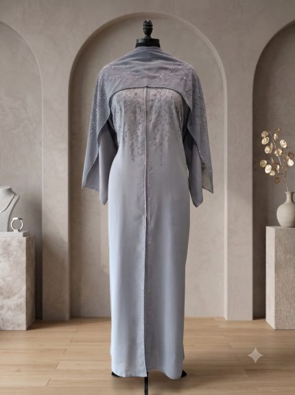 Slate Grey Beaded Vine Cape Abaya with Matching Hijab