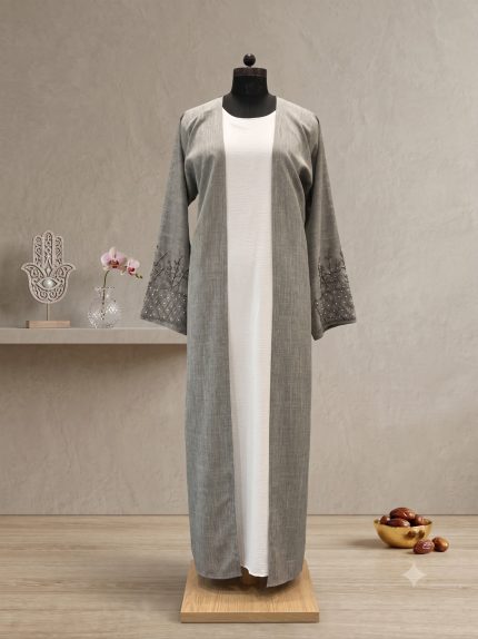 Nadirah Grey Linen & Pearl Modest Abaya Set