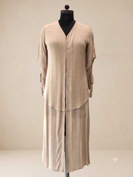 Sand Beige Textured Dual-Layered Co-ord Abaya Set