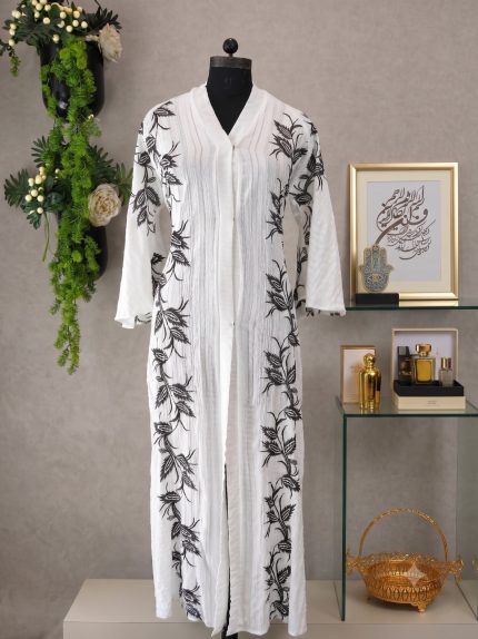 Monochrome Botanical Embroidered Open-Front Linen Abaya