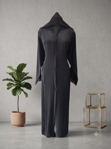 Luxe Obsidian Shimmer-Trim Cape Abaya