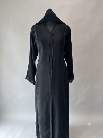Midnight Crystal Trim Front-Open Hooded Abaya