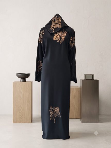Gilded Rose Sequin Motif Closed Abaya with Matching Hijab