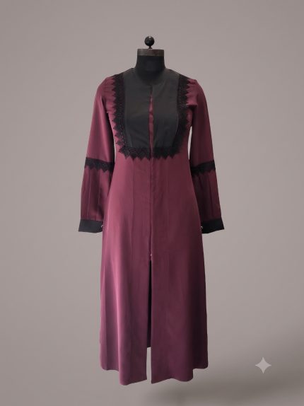 Maroon & Black Lace Panel Longline Jacket-Dress