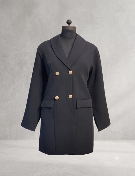 Luxe Gold-Button Double-Breasted Monto Coat – Classic Noir