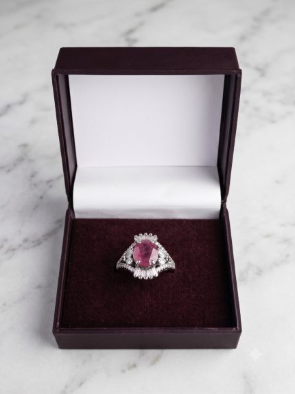 Art Deco Baguette Halo Natural Ruby Ring in Sterling Silver