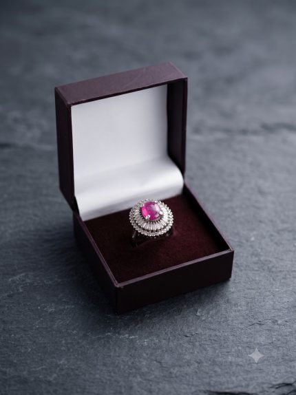 Royal Sunburst Double Halo Natural Ruby Cocktail Ring in Sterling Silver