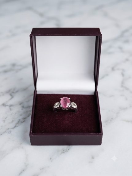Oval Pink Tourmaline and Diamond Trilogy Ring in Sterling Silver